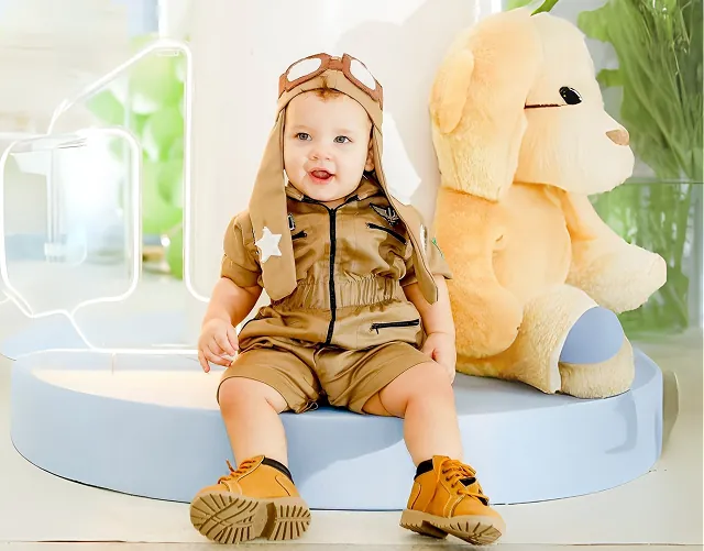 Bebê vestido de aviador ao lado de um urso de pelúcia